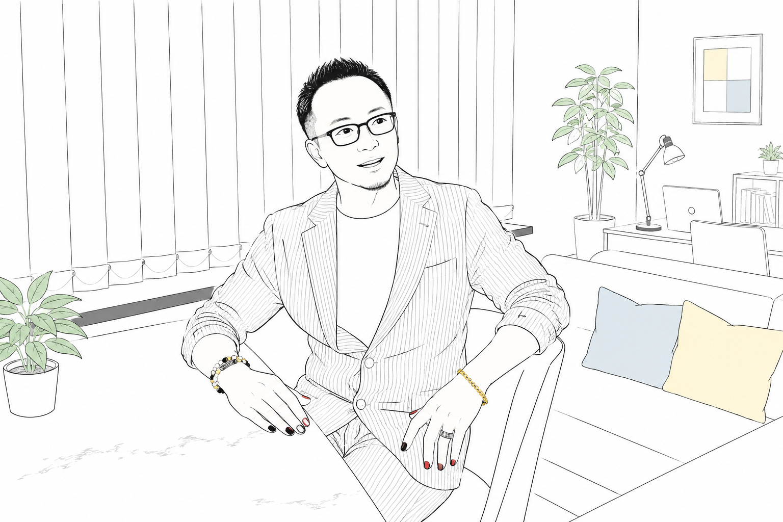観葉植物やソファのある落ち着いた部屋で、椅子に腰かけ柔らかい表情でこちらの話に耳を傾ける担当者の線画イラスト
