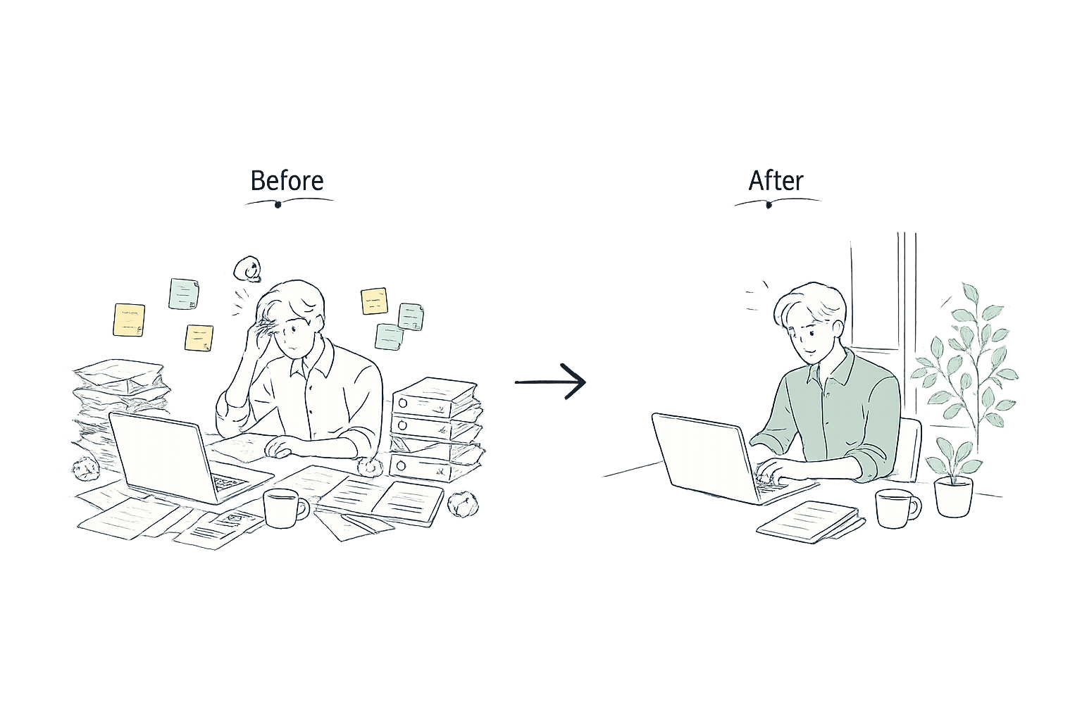 複雑な書類やタスクに追われていた状態から、AIを活用してシンプルに仕事を進められる状態へ変化する様子を表したイラスト