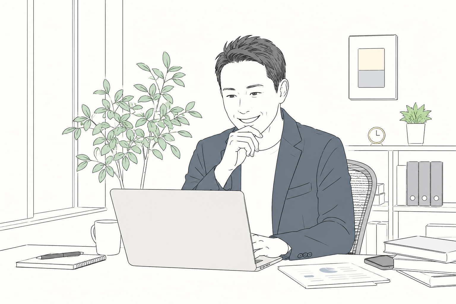 ノートパソコンに向かいながら微笑む男性。AIを毎日の仕事のパートナーとして自然に活用している様子を表したイラスト